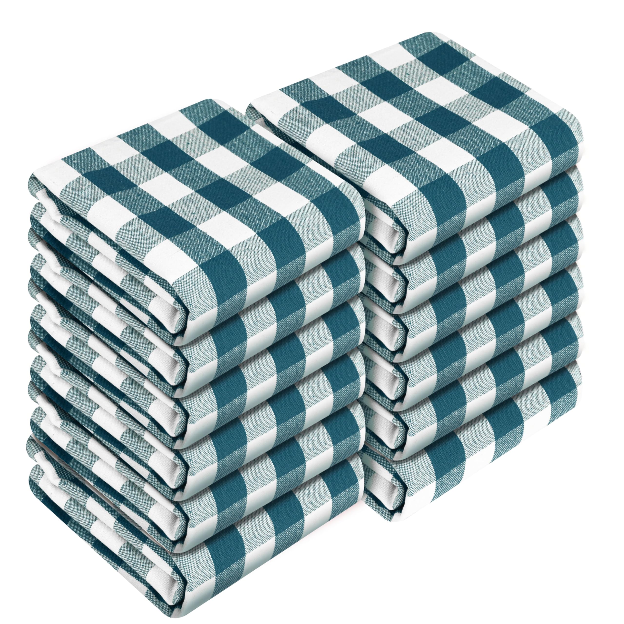 HEIRLOOM COMFORT Gingham Check Kitchen Towels 12 Pack, 45x66 cm, 100% Cotton, Super Absorbent & Quick Dry, Durable Dish Towel for Drying Dishes, Machine Washable, Everyday Use - Teal, White