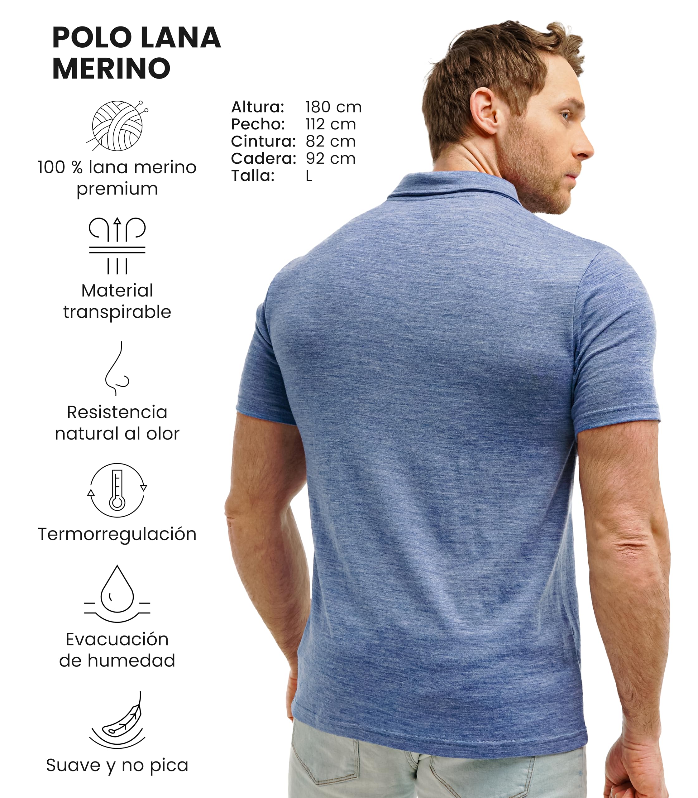 Merino.tech Lana Merino Polo Hombre Manga Cort (Large, Deep Blue Polo)