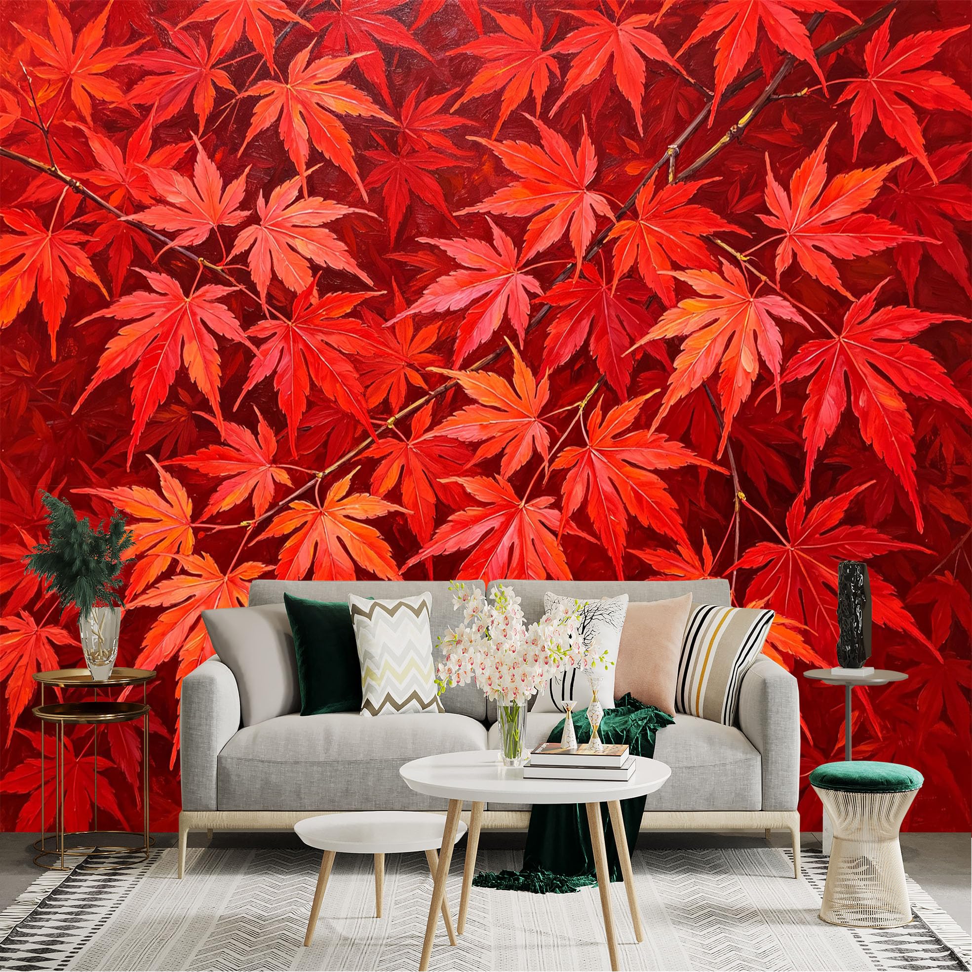 Lnzczhyre Dbh260521728 Custom Size Wall Sticker Mural， Vibrant Red Maple Leaves， Autumn Forest Foliage， Botanical Nature Art， Seasonal Plant Pattern， For Wall Decoration， Peelandstick Wall Decals.