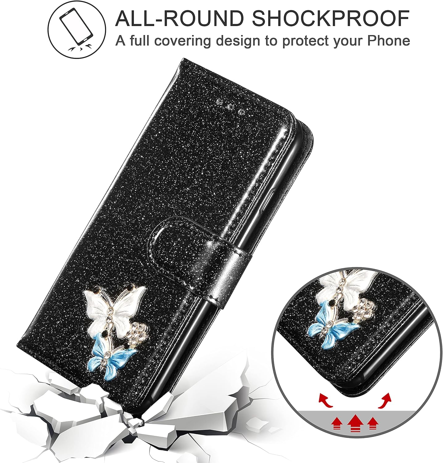 UEEBAI Wallet Case for iPhone 17 Pro Max, Glitter PU Leather Phone Cover Card Slots Kickstand Wallet Magnetic Closure Bling Flip Case Shockproof Hand Strap Flip Cover - Black - Image 5