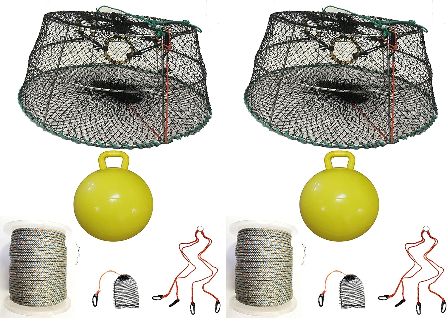 2-Pack of KUFA Sports Tower Style Prawn Trap(Stretched Mesh Size:1-1/8") with 400' Rope, Yellow Float, Bait Bag & Harness Combo