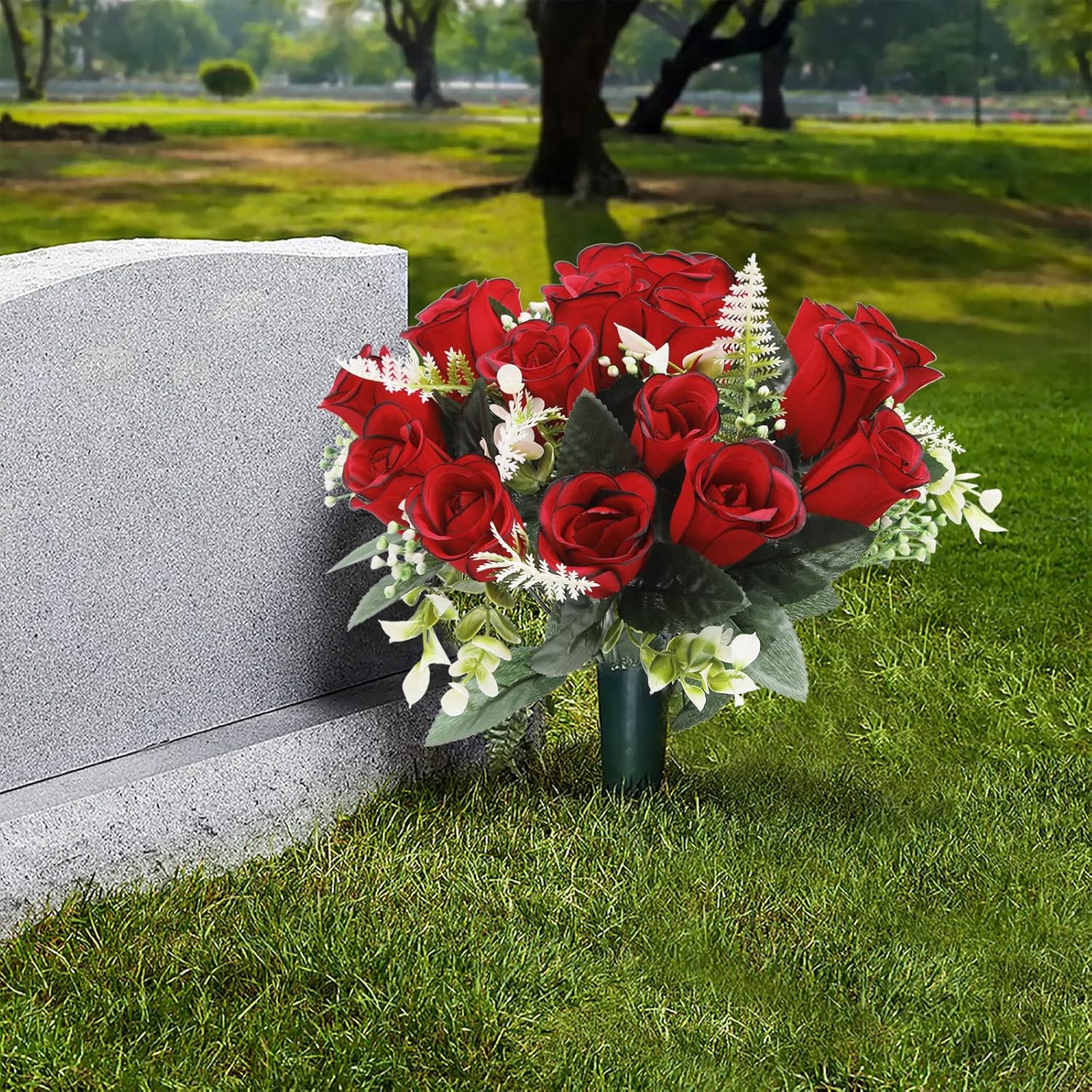U'Artlines 2Pcs Artificial Cemetery Flowers for Grave Silk Memorial Red Rose Flowers Outdoor Grave Flowers for Grave Vase Cemetery Flower Arrangements (Not Included Vase)