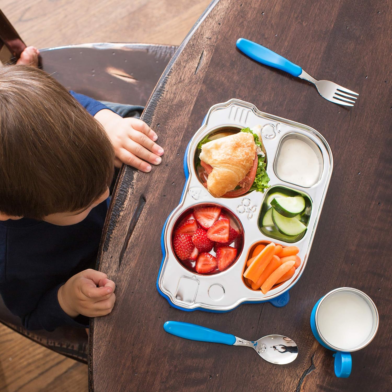 Innobaby Stainless Bus Plate with Sectional Lid, The Original, Leak-Resistant Divided Platter, Mom Invented Fun Shape Dish Din Din Smart for Babies, Toddlers and Kids, BPA Free Plate, Blue, 2 Pack