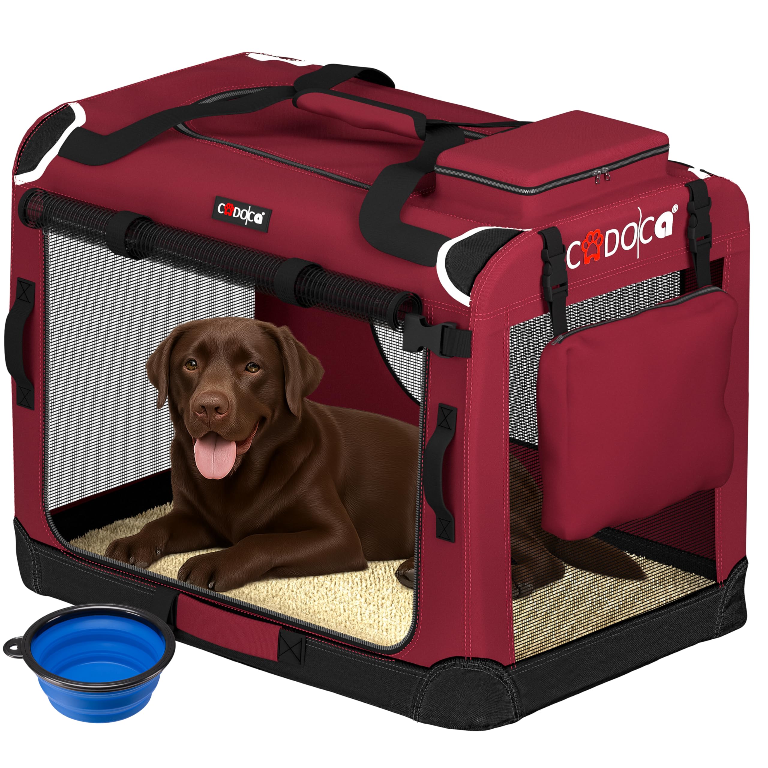 CADOCA® Dog Crate XXL - Fabric Dog Cage Foldable Portable Indoor & Car Travel Pet Carrier for Pets | Lightweight with Mesh Windows | Puppy, Kitten, Dog Carrier, Cat Carrier | 90x60x66cm Dark Red