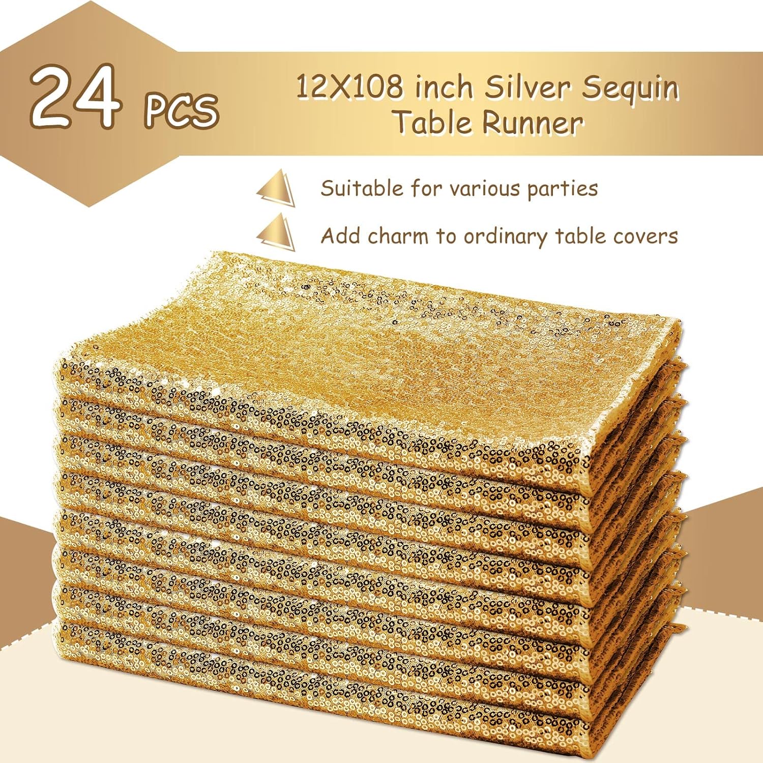 Mixweer 24 Pcs 12 x 108 Inch Gold Sequin Table Runners Bulk Glitter Table Runners Decorations for Birthday Party Wedding Engagement Holiday Celebration Supplies