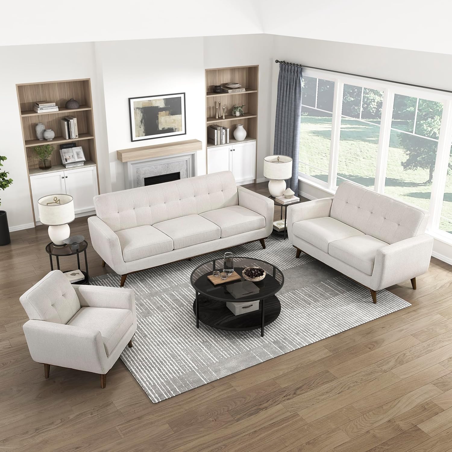 Lexicon 3 Piece Living Room Furniture Sets, Textured Fabric Upholstered Living Room Sofa Set, Track Arms, Tufted Couch Back, Wood Legs, Comfy Couches Including Chair, Loveseat & Sofa, 3 Pieces, Beige