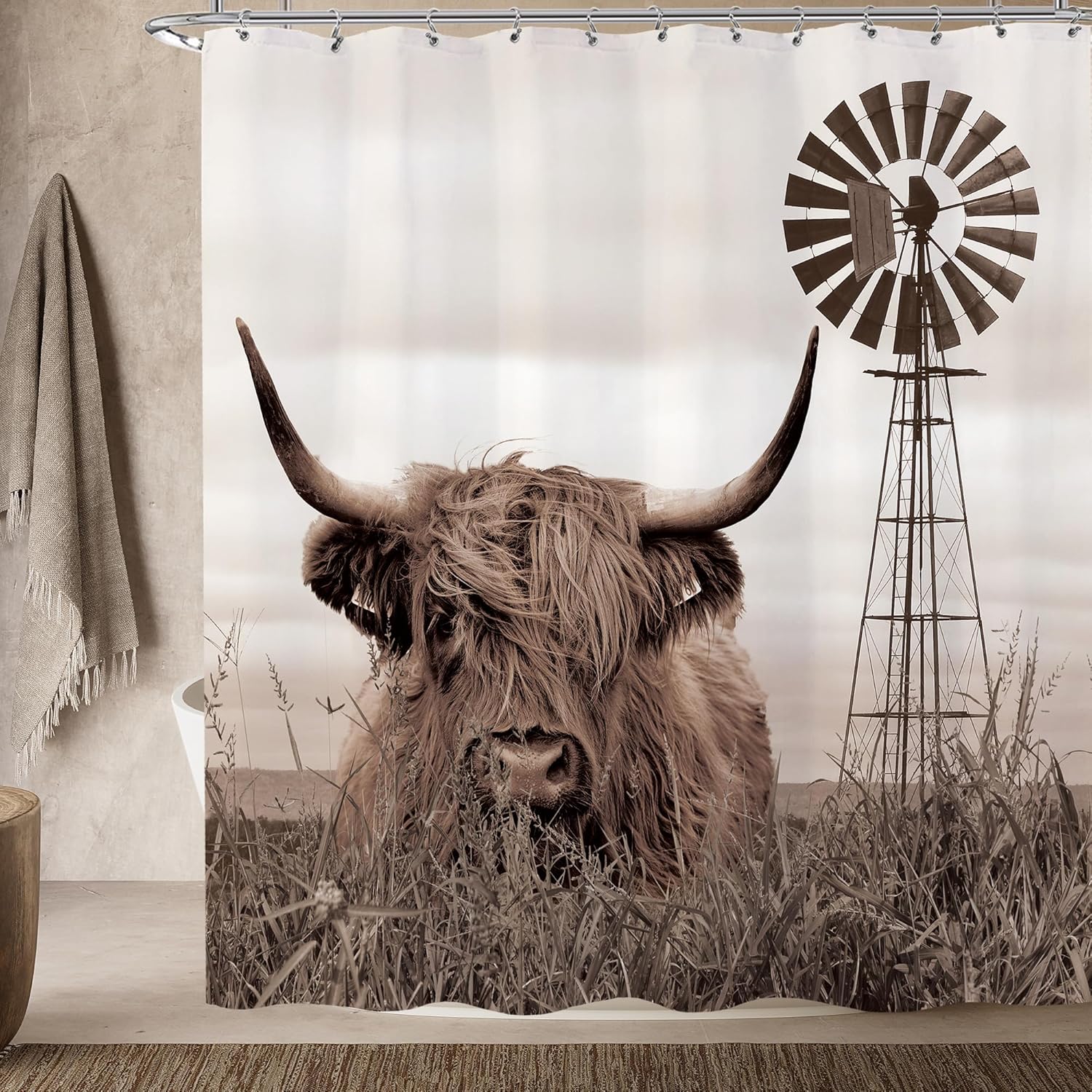 Farmhouse Highland Cow Extra Long Shower Curtain Set 72X84 Inch Rustic Grey Bull in Bathtub Bath Curtain Funny Farm Animal Cattle Tall Shower Curtains Country Bathroom Decor