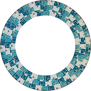 Zorigs Handcrafted Teal & White Mosaic Round Wall Mirror - 24" Decorative Accent for Bedroom, Bathroom, Living Room, Hallway