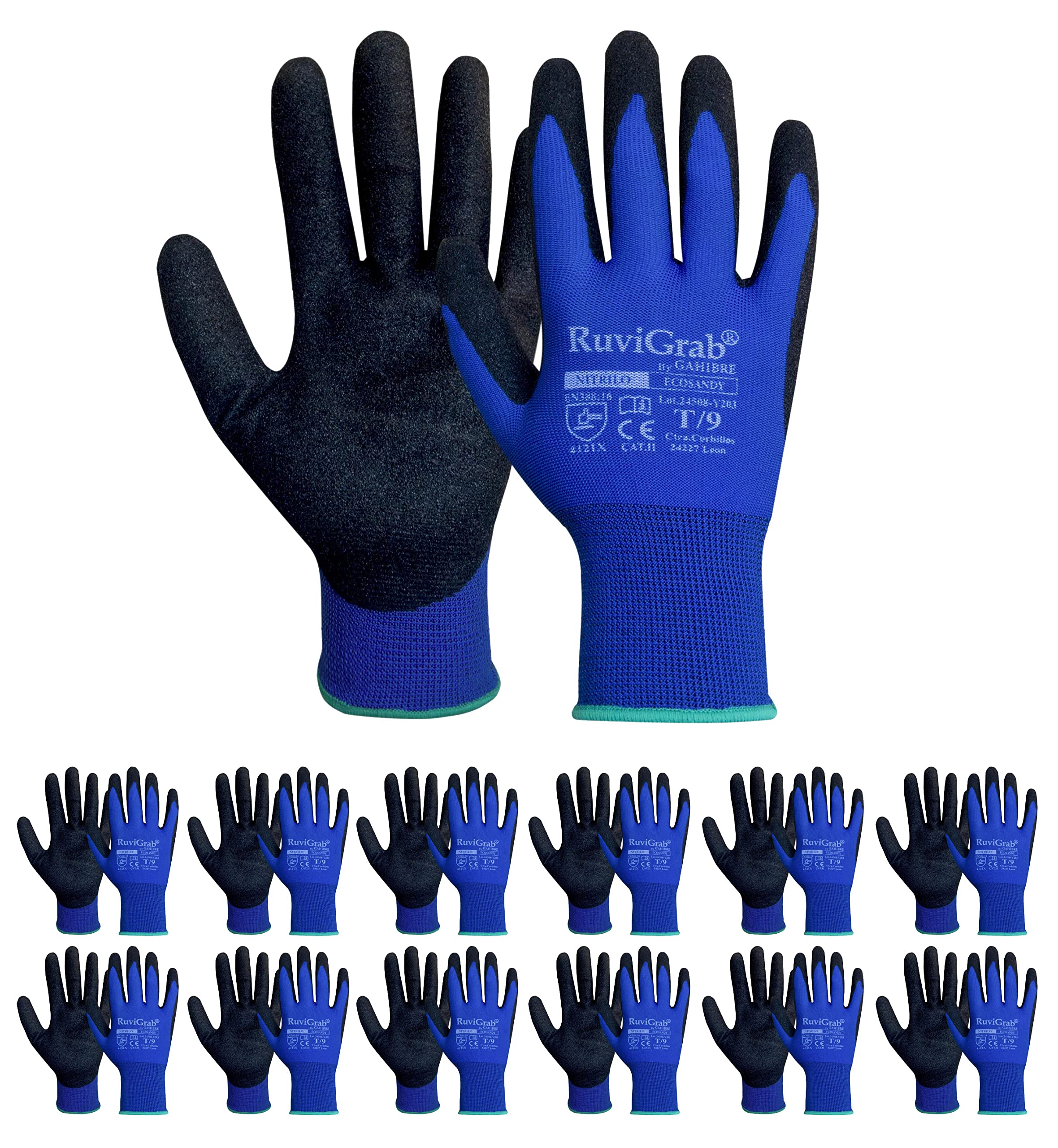 Ruvigrab Ecosandy/10/12 Lot de 12 paires de gants de travail unisexes pour adulte Bleu/noir Taille 10