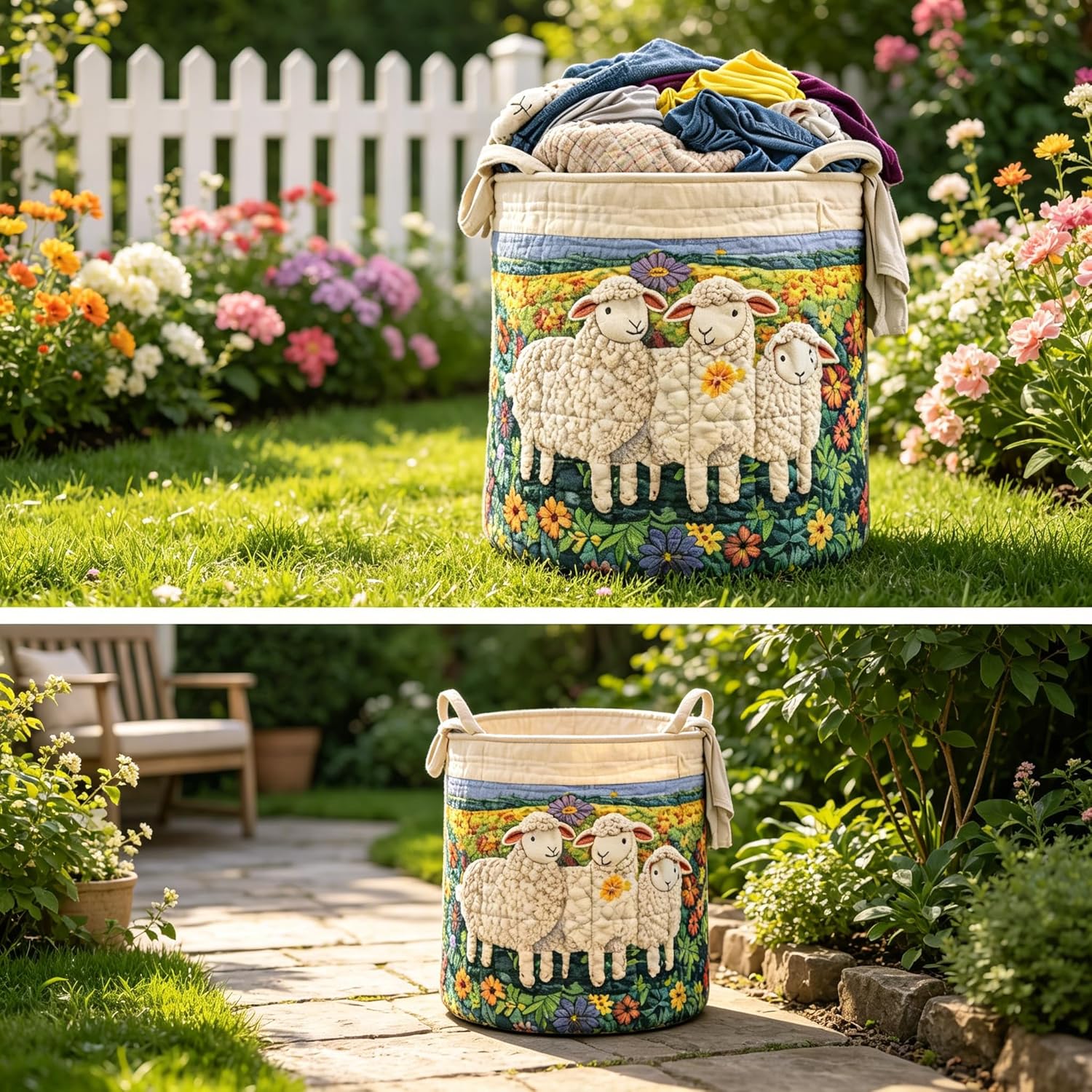 Generic Quilted Laundry Basket with Handles, 20in*28in L Size Style B, Foldable Quilted Laundry Hamper, Boho Quilt Baskets for Home Clothes & Blanket Storage (L)