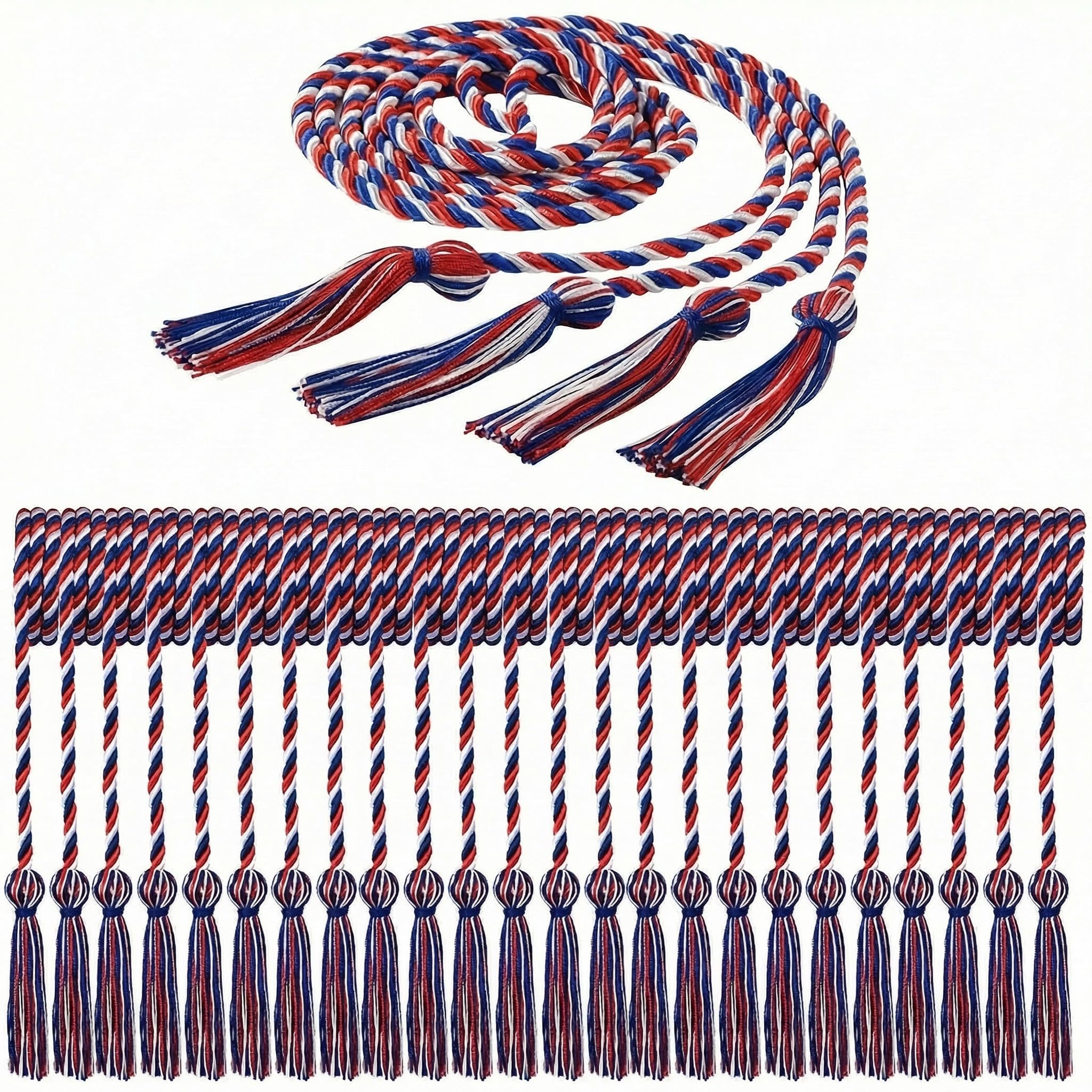 Photo 1 of 24 Pack Graduation Honor Cords with Tassels - 68 Inch Braided Cords Bulk for High School College University - Bachelor, Master, Doctoral Ceremony (Red White and Royal Blue)