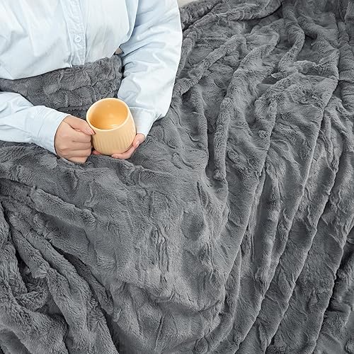 Miniatura 6 de TOONOW Manta de lujo de piel sintética, de doble cara, suave, esponjosa, mullida y mullida para sofá o cama (gris claro, tamaño individual extra