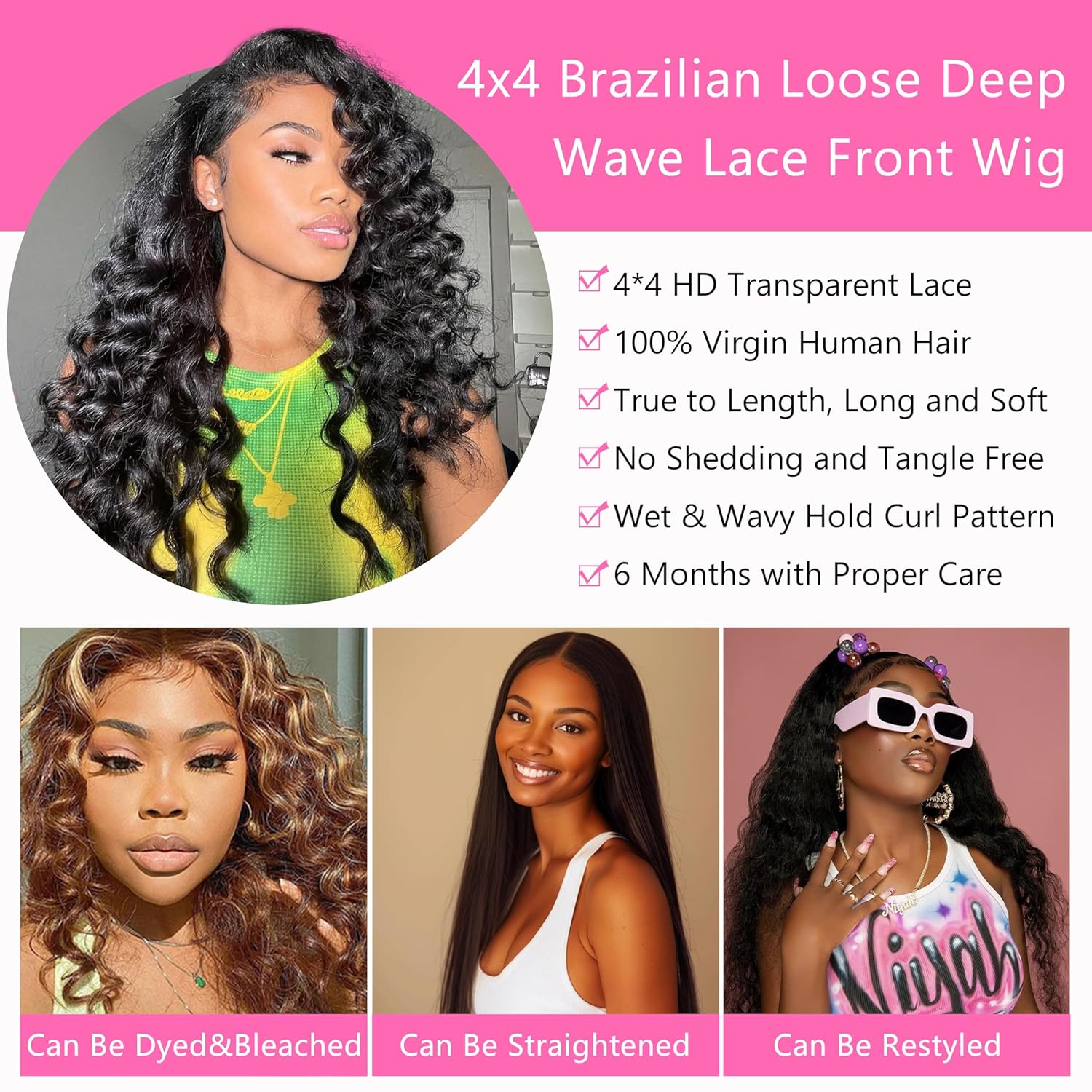 Wigs Human Hair Loose Wave Lace Front Wigs Human Hair Pre Plucked Pre Cut Glueless Loose Deep Wave Wig HD Transparent 4x4 Lace Closure Wig for Women 24 Inch Natural Black