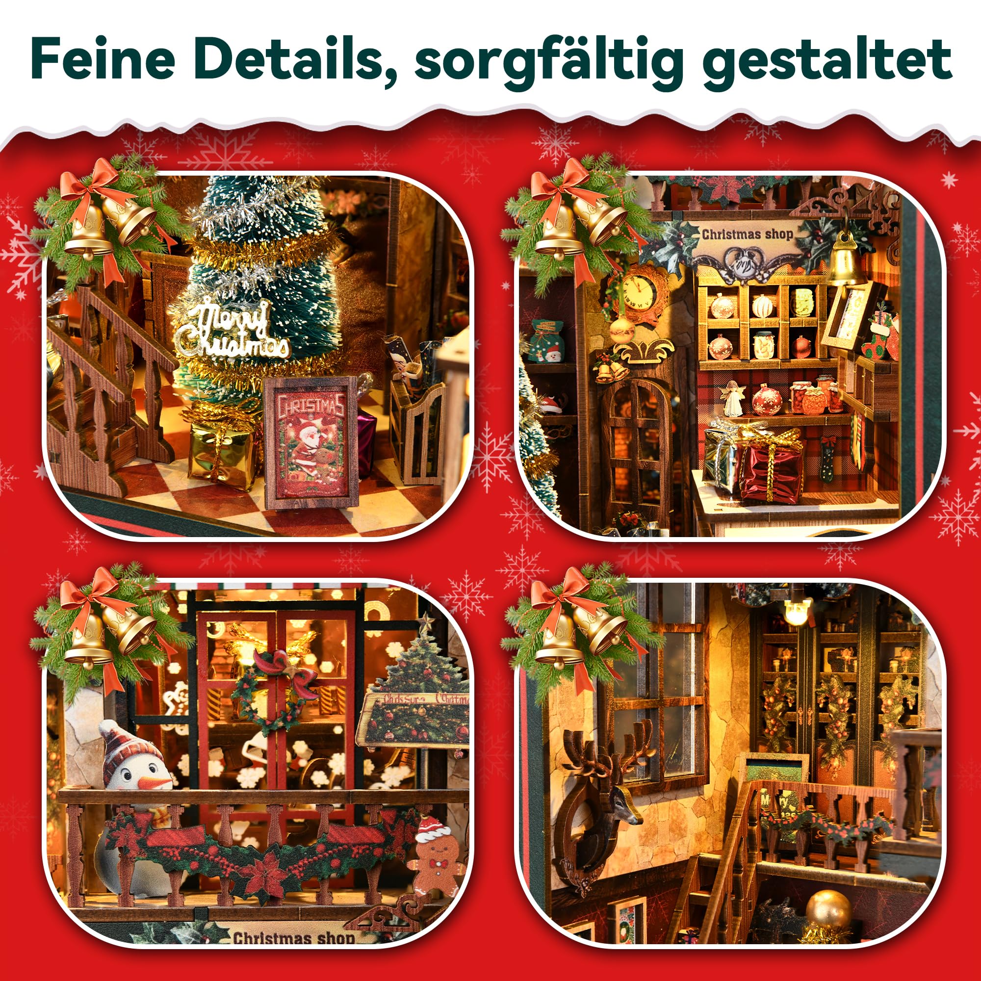 Kit Book Nook Noël 3D Bois, Puzzle Musical Capteur Lumière, Décor Étagère Adulte/Adolescent - Maison