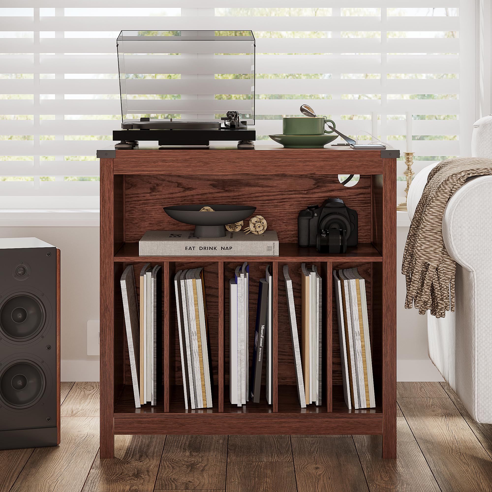 Mueble para discos de vinilo grande que evita cables sueltos en casa