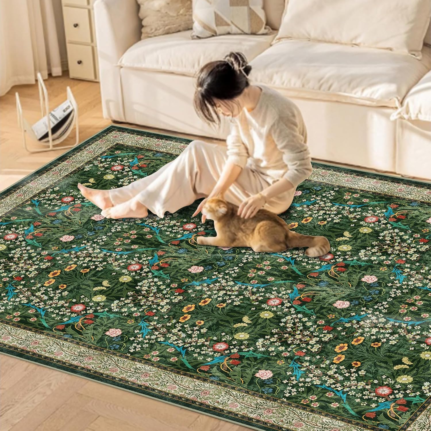 8 X10 Green Area Rugs for Living Room, Machine Washable Rug for Bedroom, Vintage Rug Non-Slip for Hardwood Carpet, Soft Low-Pile Throw Rugs for Dining Room, Home Decor Apartment