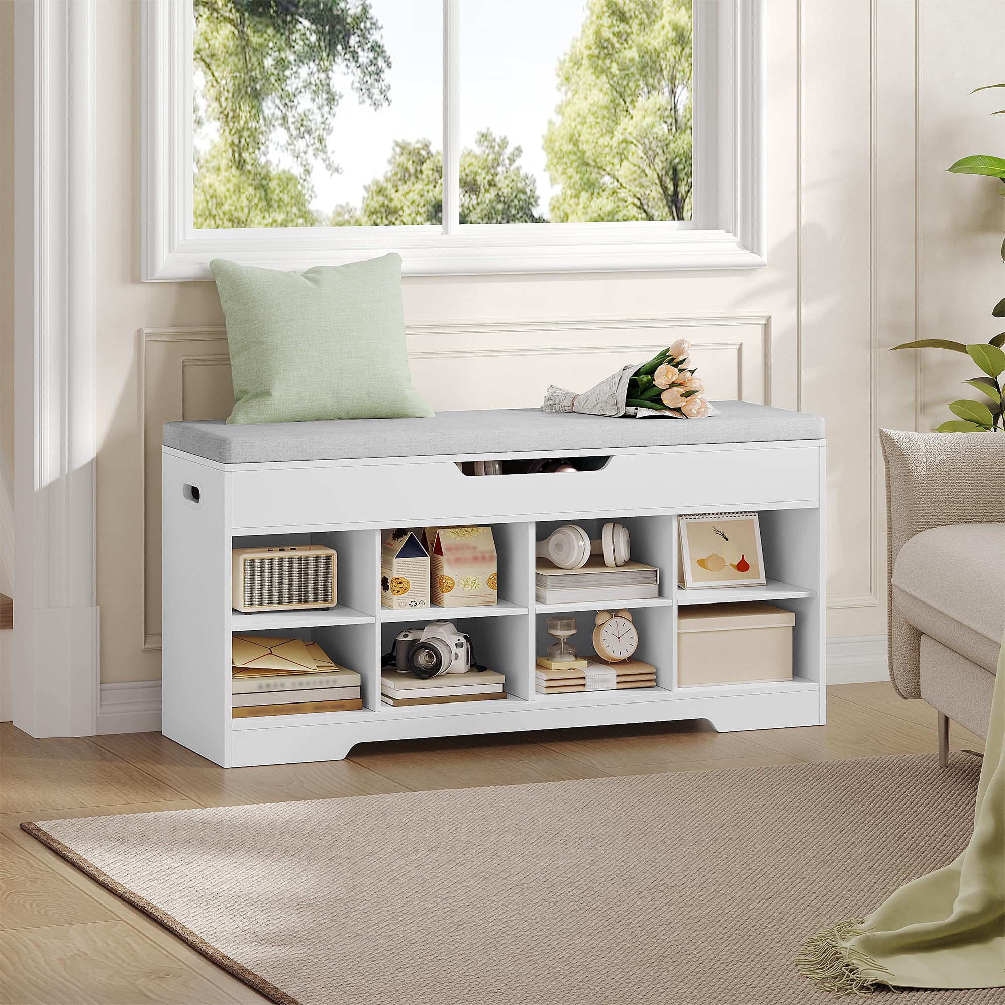 Sitzbank mit Stauraum, Schuhbank, 104 x 32 x 50 cm, Leinenweiß