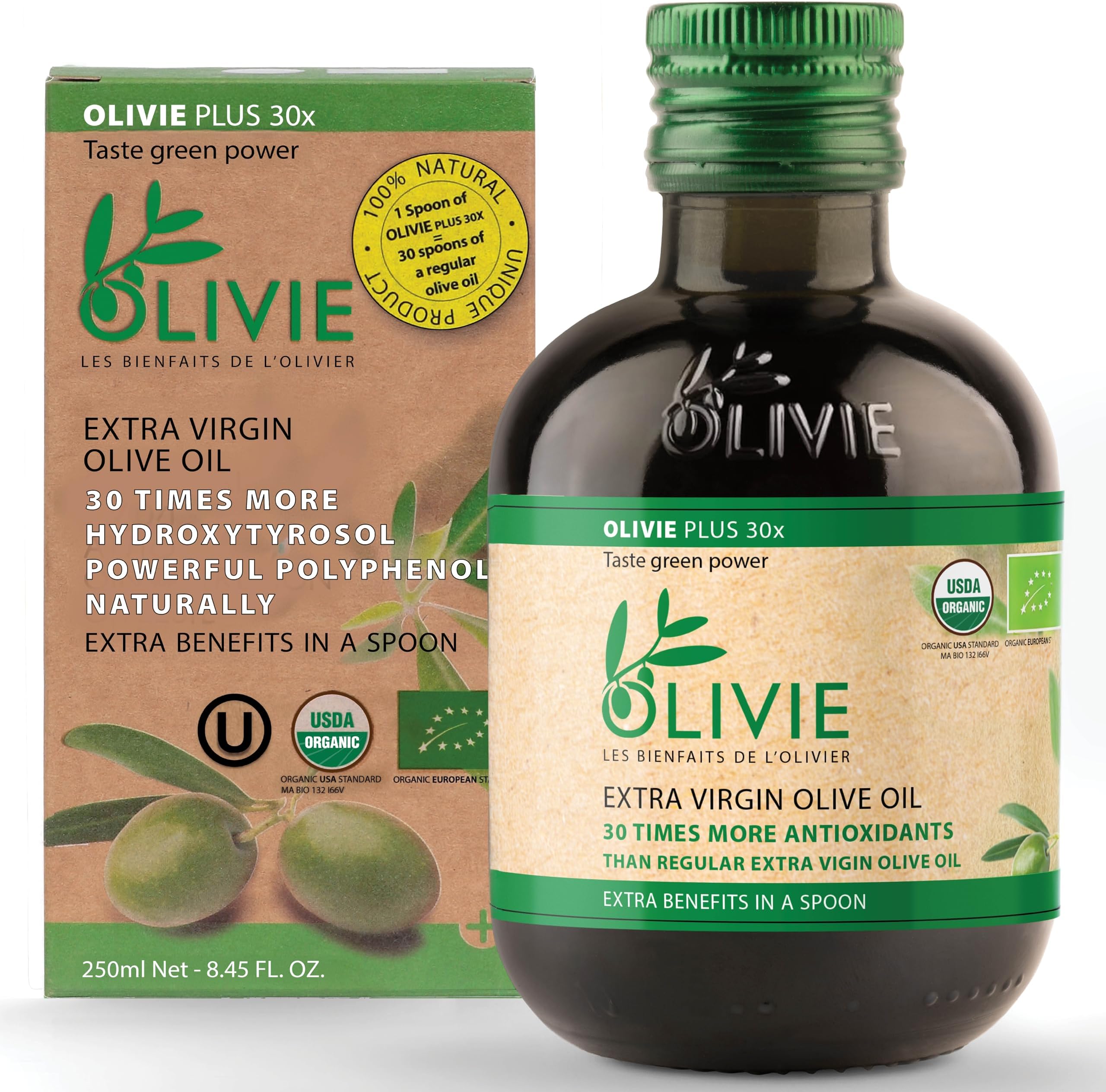 Organic High Polyphenol Rich Extra Virgin Olive Oil PLUS 30X | Moroccan Desert Olive Oil | EVOO | MD Recommended | Organic, Kosher | 250 ml Glass Bottle