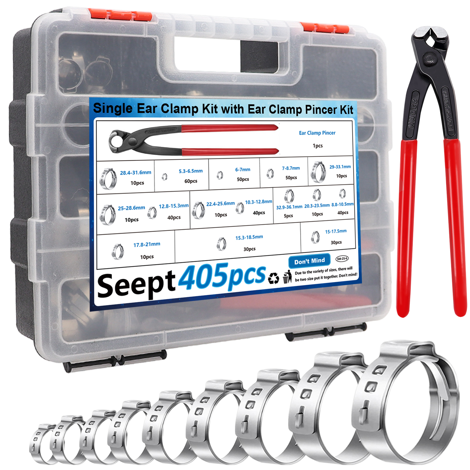 Image of 405Pcs 15-Sizes 304 Stainless Steel Single Ear Hose Clamps with Ear clamp plier 5.3-36.1mm Crimp Hose Clamps Assortment Kit for Auto /Home Appliance /Pipe /Fuel Line