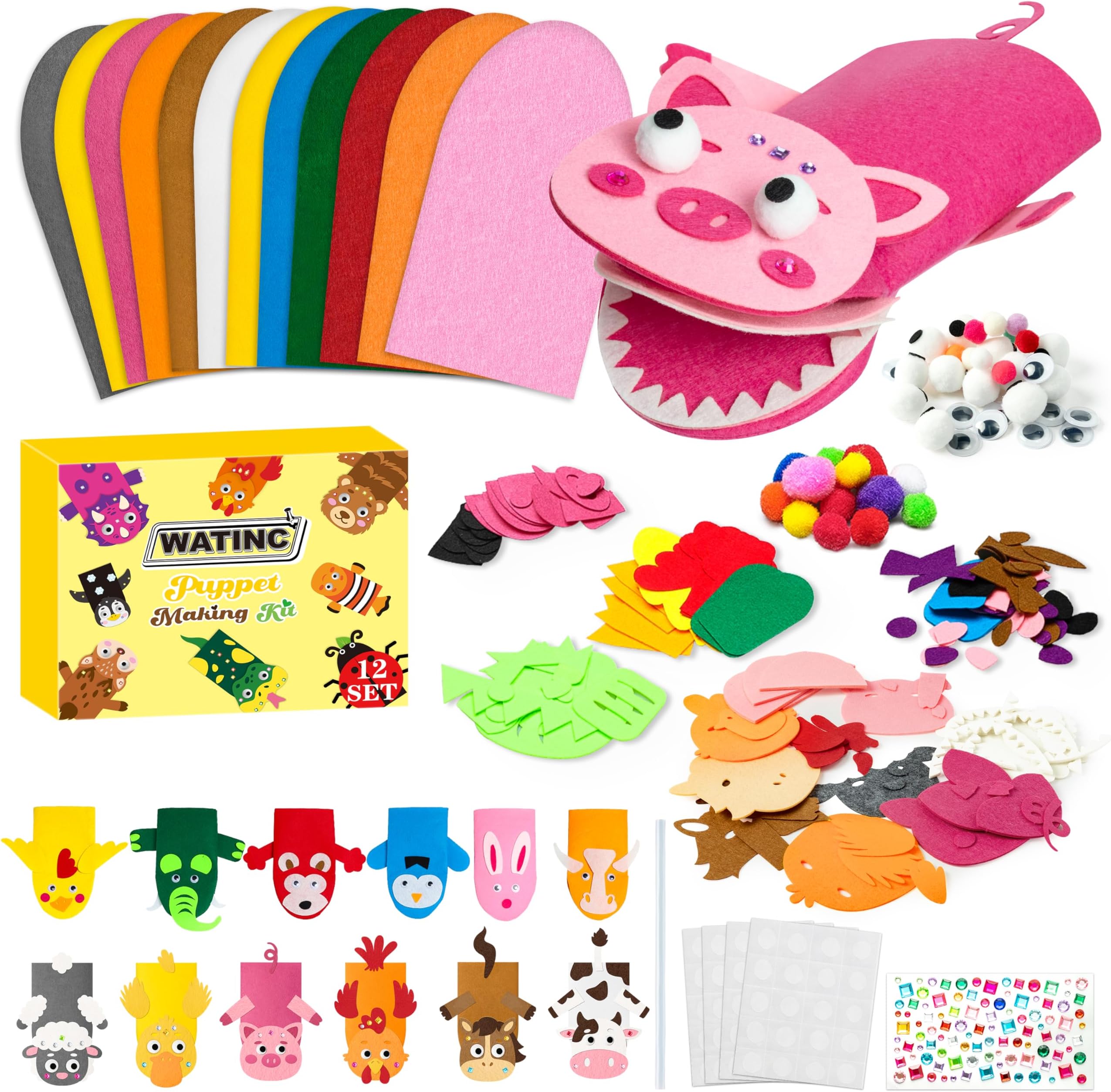 WATINC 12Pcs Hand Puppet Making Kit, Art Craft Felt Sock Puppet Toys, Creative DIY Make Your Own Pompoms Wiggle Googly Eyes Storytelling Role Play Party Supplies Gift for Girls Boys (Animals Farm A)