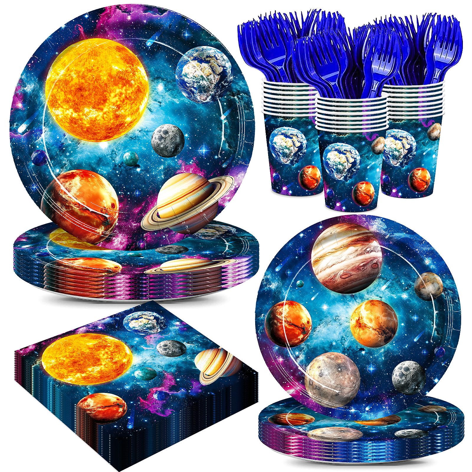 120pcs Outer Space Party Supplies Plate Napkins Solar System DisposableTableware Set Paper Cups Blue Forks Space Birthday Party Decorations for Kids