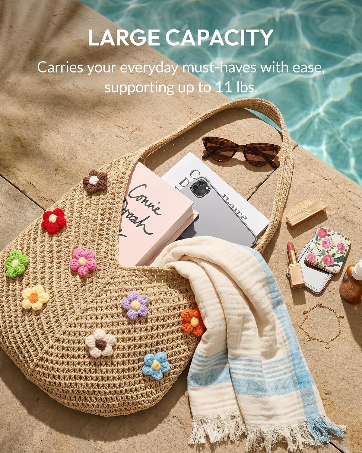 Jeasona Crochet Beach Bag for Women, Hobo Shoulder Bag | DIY Handmade Knit Hobo Shoulder Bag with 10 Detachable Flowers, Aesthetic Summer Mesh Tote for Vacation