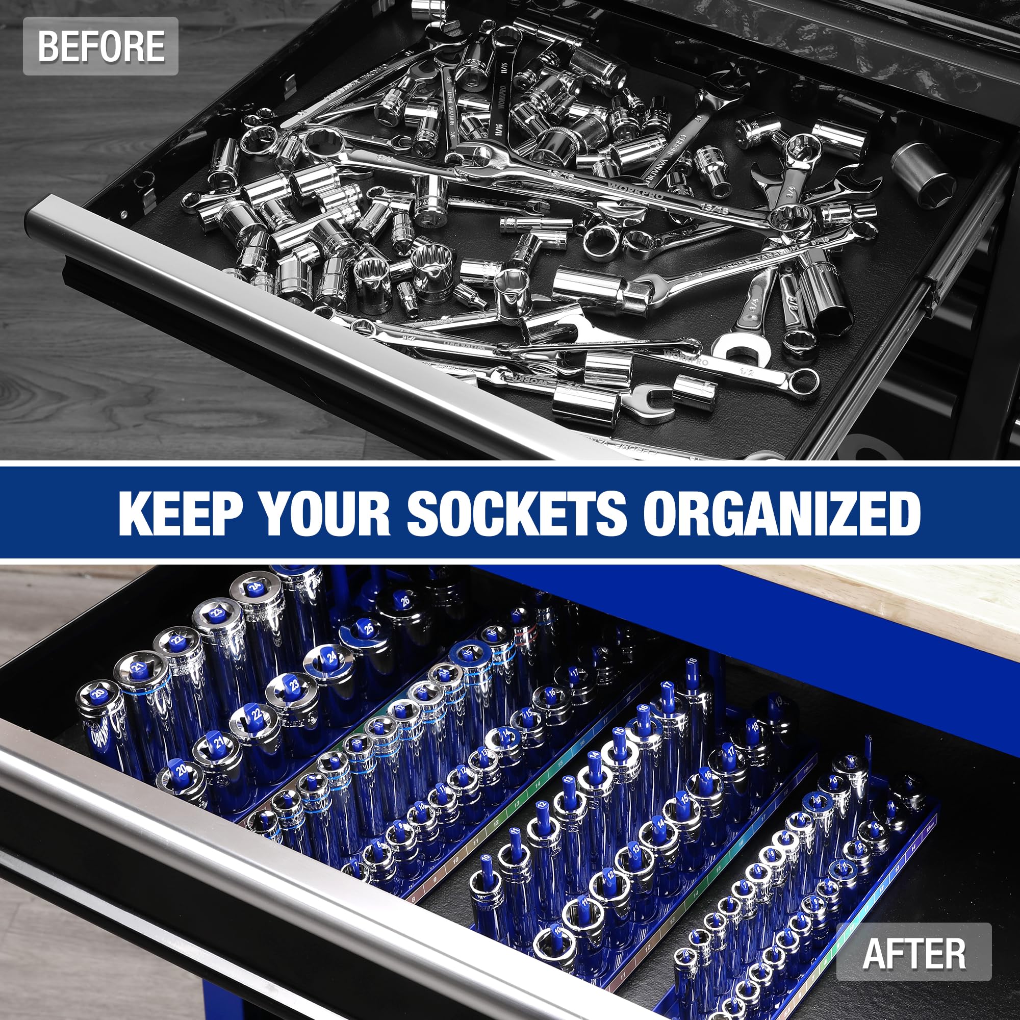 WORKPRO Socket Organizer Set, 4-Piece Socket Holders, 1/4", 3/8", 1/2" Drive Metric Socket Storage Rack Tray - Image 3