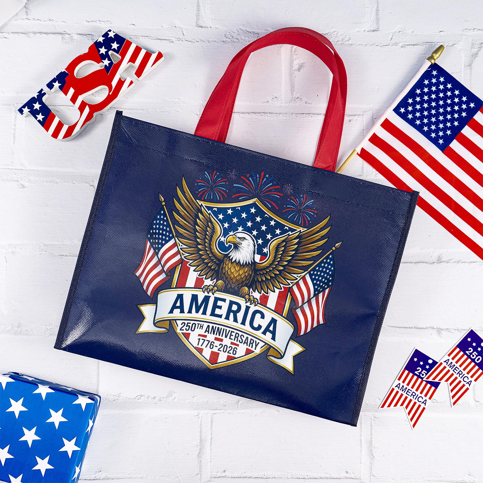 Loveinside 13" Large Patriotic Reusable Gift Bag, Red White Blue Recycled Gift Bag for Independence Day, July 4th