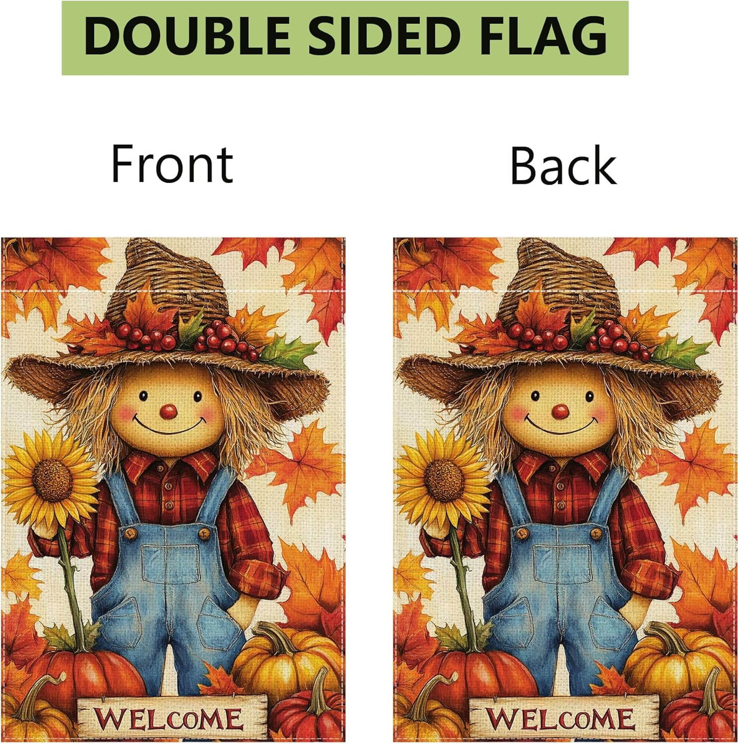 Fall Pumpkin Scarecrow Garden Flag for Outside 12x18 Inch Double Sided Burlap Welcome Autumn Thanksgiving Maple Leaf Sunflower Flowers Farmhouse Holiday Rustic Outdoor Yard Flag Home Decorations - Image 7