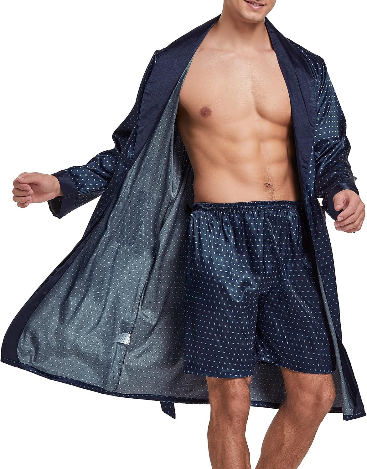 Sanraflic® Mens Satin Robe Lightweight Silk Long Sleeve Bathrobe with Shorts Set Spa Kimono Sleepwear Nightwear - Image 3