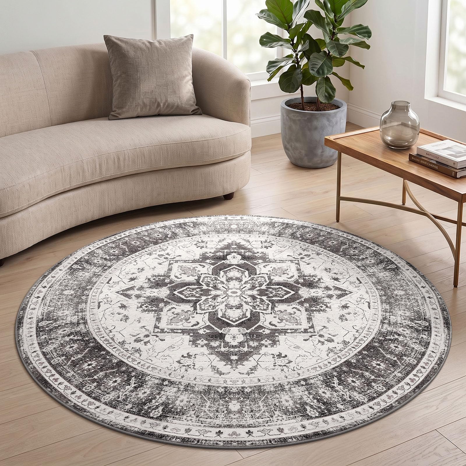 Homaxy Vintage Rugs Living Room Washable Anti Slip Large Rug Low Pile Boho Lounge Carpet for Bedroom, Nursery, Kitchen - 160 cm Round, Distressed Brown