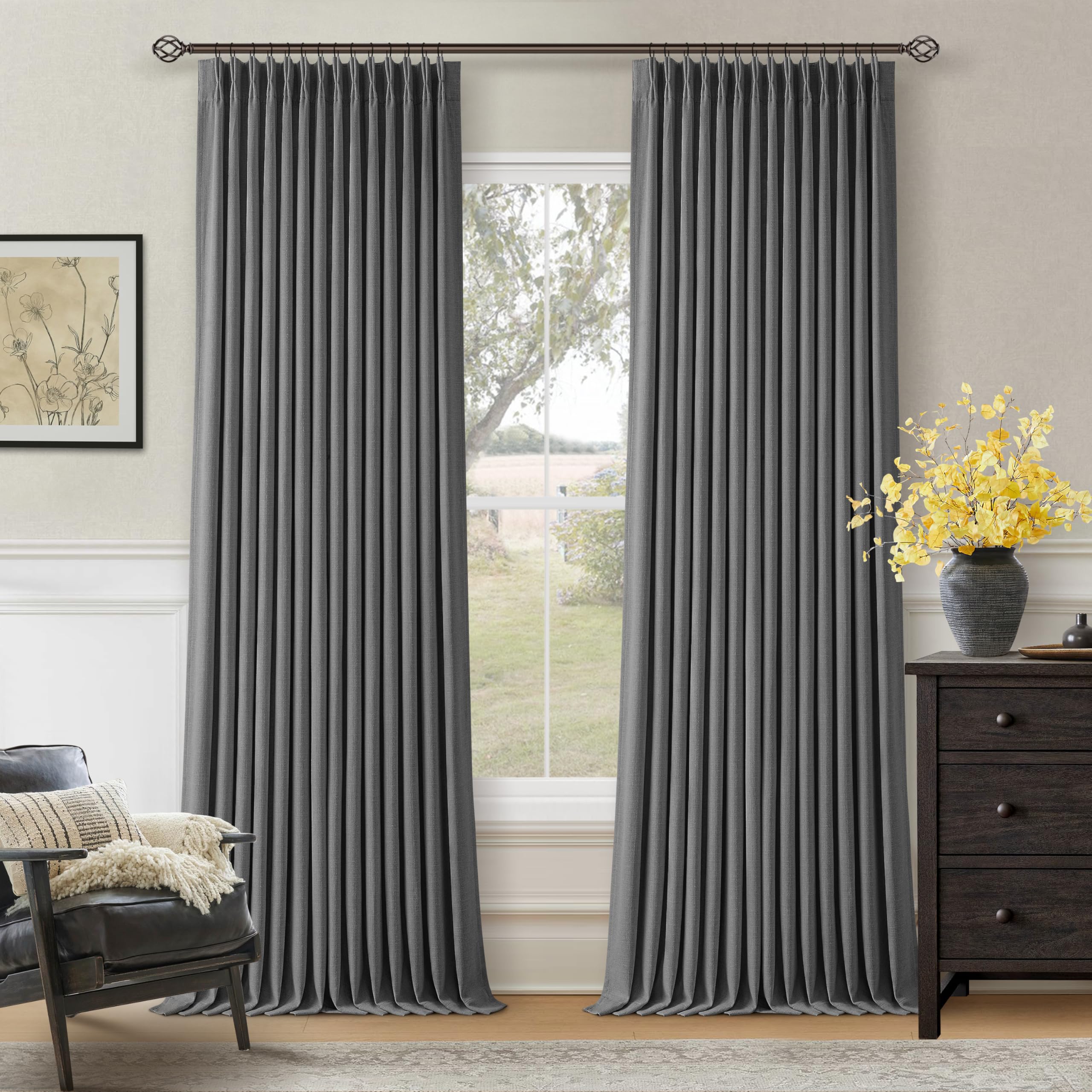 Dark Grey Pinch Pleated Blackout Curtains 108 Inches Long for Bedroom 100% Black Out Thick Linen Dual Layer Pleated Drapes Farmhouse Country Charcoal Gray 108 Inch Curtain for Dining Living Room — image 1