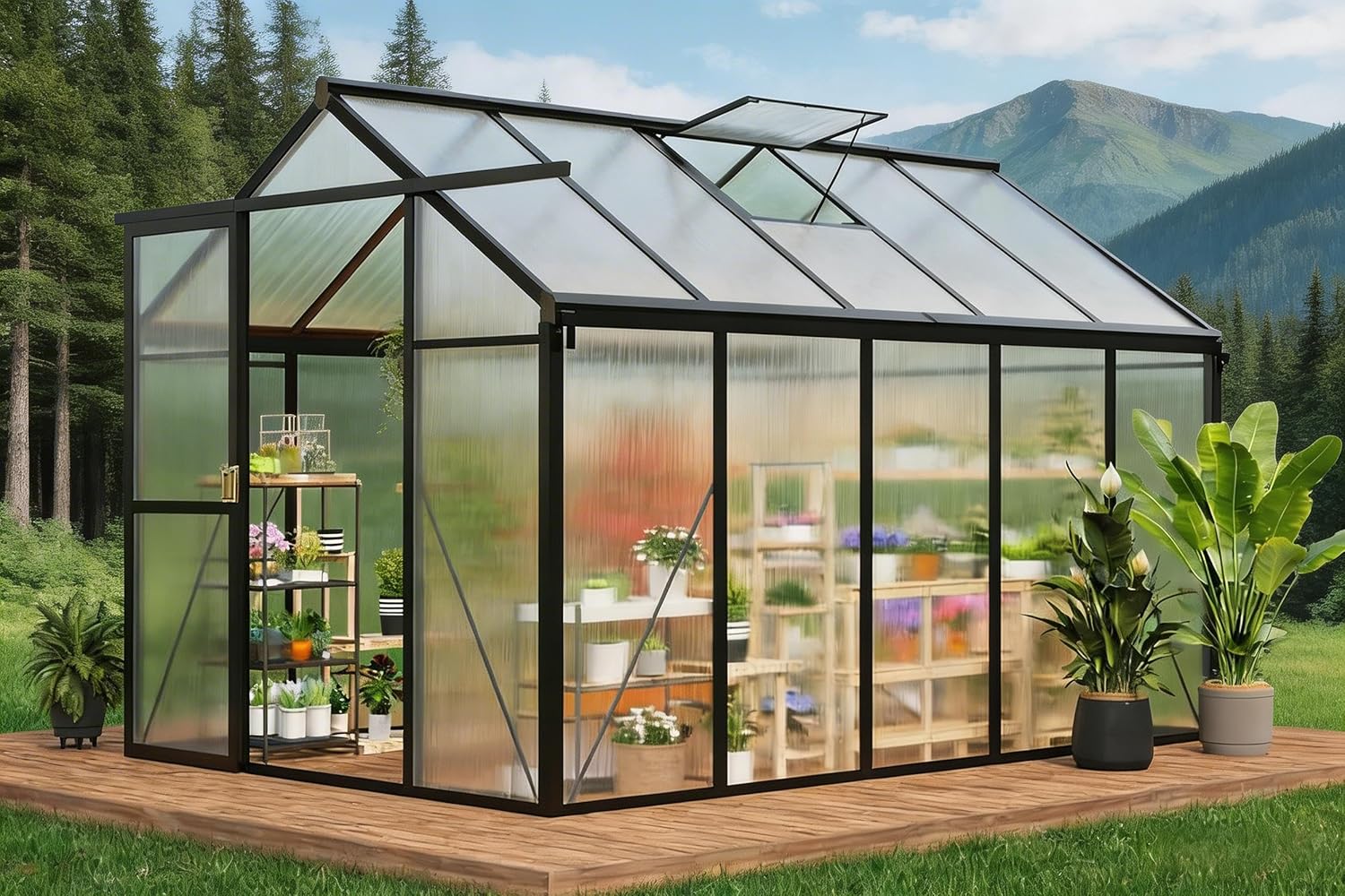 6×10FT Greenhouses for Outdoors, Aluminum Polycarbonate Greenhouses with Roof Vent - Heavy-Duty Walk-in Green Houses for All-Season Backyard Gardening