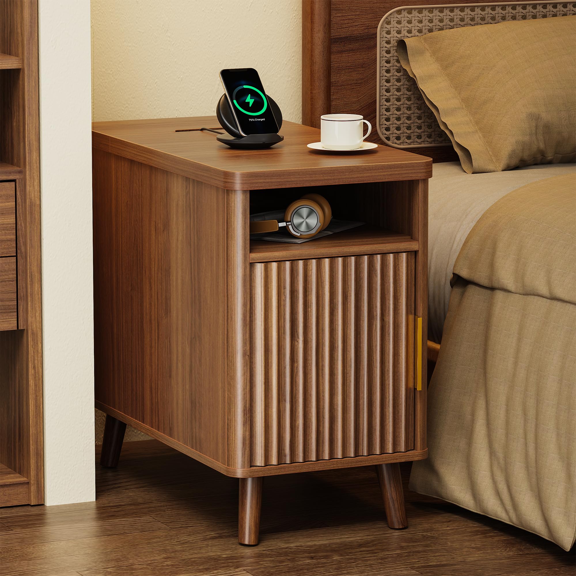 huuger narrow end table with charging station, usb-c port, fluted nightstand with storage cabinet, back rack, farmhouse side table for small spaces, 13.4 × 23.6 inch night stand, walnut