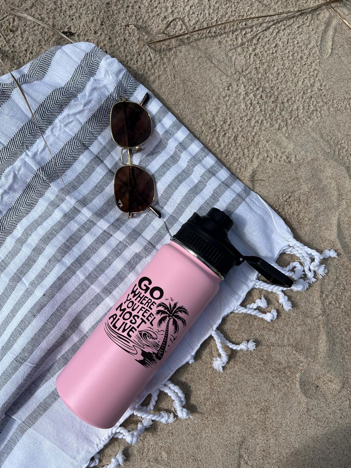 Go Where You Feel Most Alive Personalized Stainless Steel Sports Water Bottle, Vacuum-insulated, 18 or 32 ounce Size, Keeps Liquids Pipping Hot or Icy Cold! (Straw or Mouthtop). Adventure Bottle.