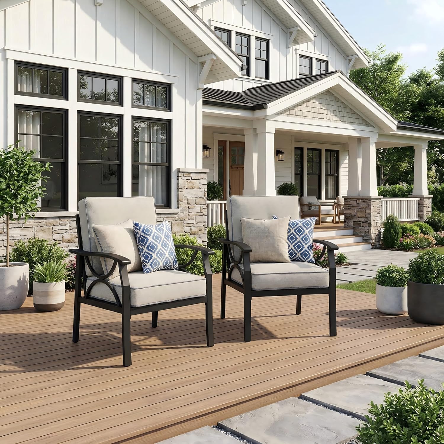 RoyalCraft 2 Pieces Outdoor Single Sofa,All-Weather Patio Metal Armchair,Black Metal Furniture with Gray Cushions