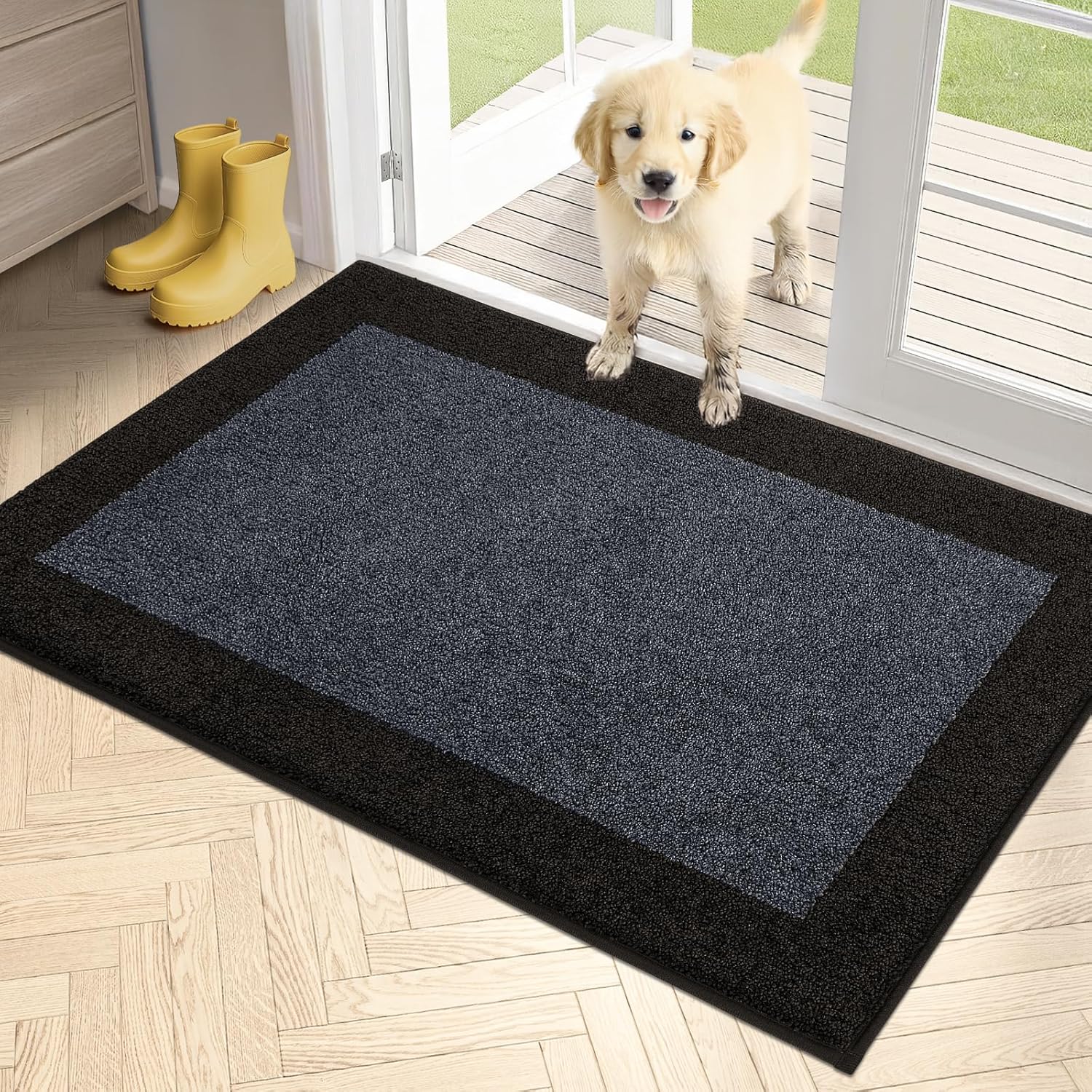 PURRUGS Dirt Trapper Door Mat 32" x 48", Non-Slip/Skid Machine Washable Entryway Rug, Shoes Scraper, Throw Rug, Super Absorbent Area Rug for Muddy Wet Shoes and Paws, Bluish Grey & Charcoal