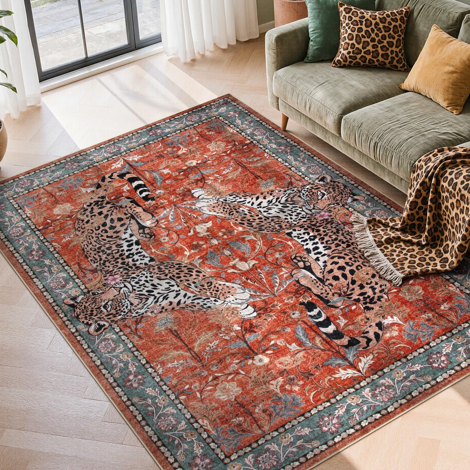 Moynesa Leopard 5x7 Area Rug, Boho Washable Living Room Rug, Non Slip Rugs for Bedroom, Ultra Thin Vintage Soft Stain Resistant Throw Floor Carpet for Office Dining Room, Rust