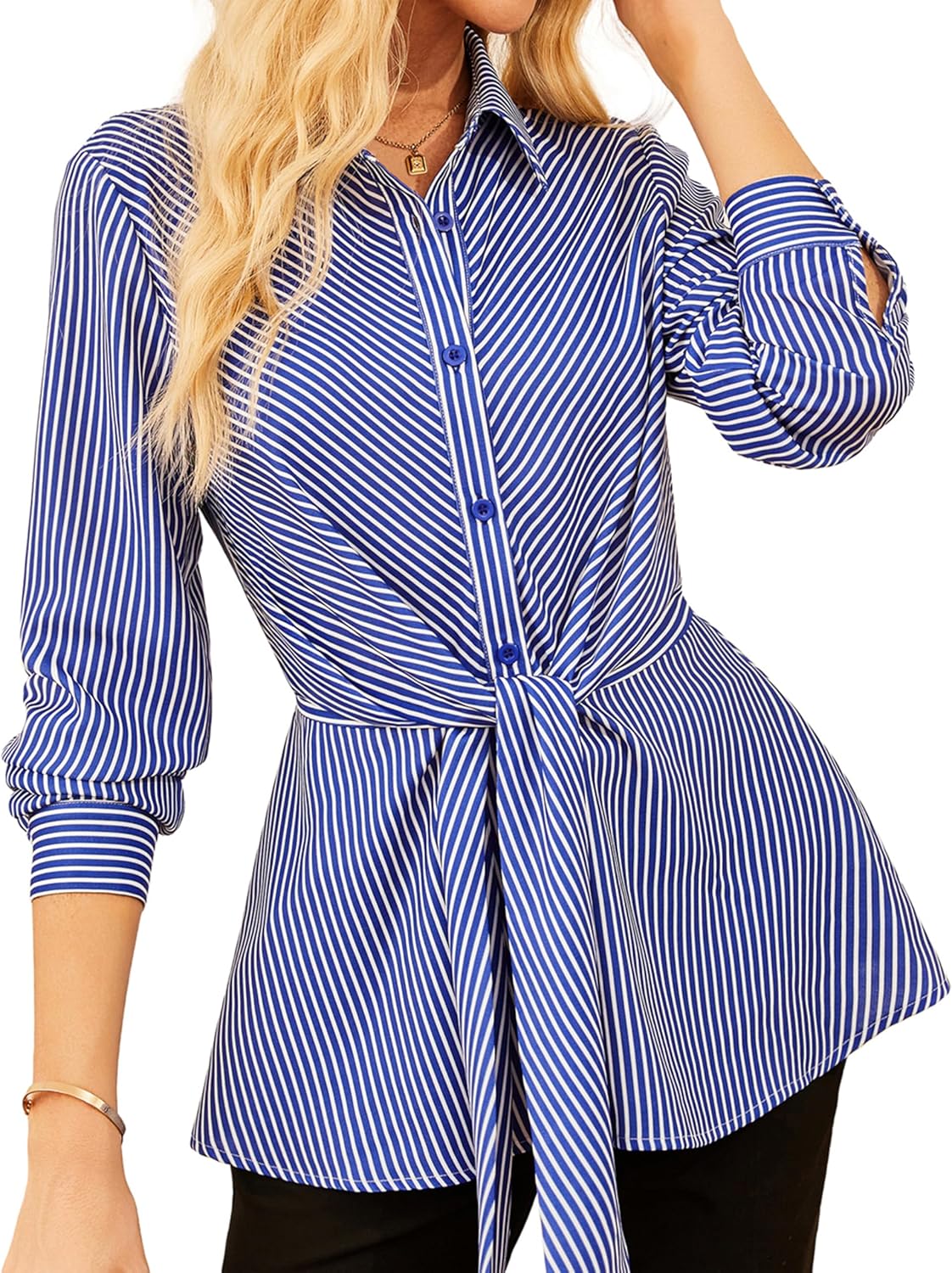 GRACE KARIN Peplum Tops for Women Tie Front Striped Button Down Shirt Collared Long Sleeve Business Casual Work Office Blouse