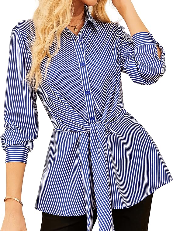 GRACE KARIN Peplum Tops for Women Tie Front Striped Button Down Shirt Collared Long Sleeve Business Casual Work Office Blouse