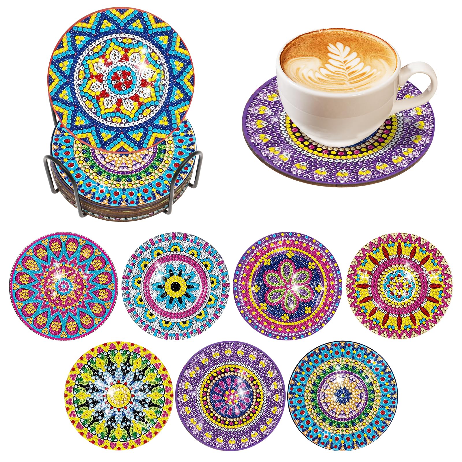 8Pcs Diamond Art Coasters Set,DIY Diamonds Painting Coasters with Holder for Adults,Non Slip Cup Mat Gem Art Crafts Supplies for Home Decor House Warming Gifts(Style 3)