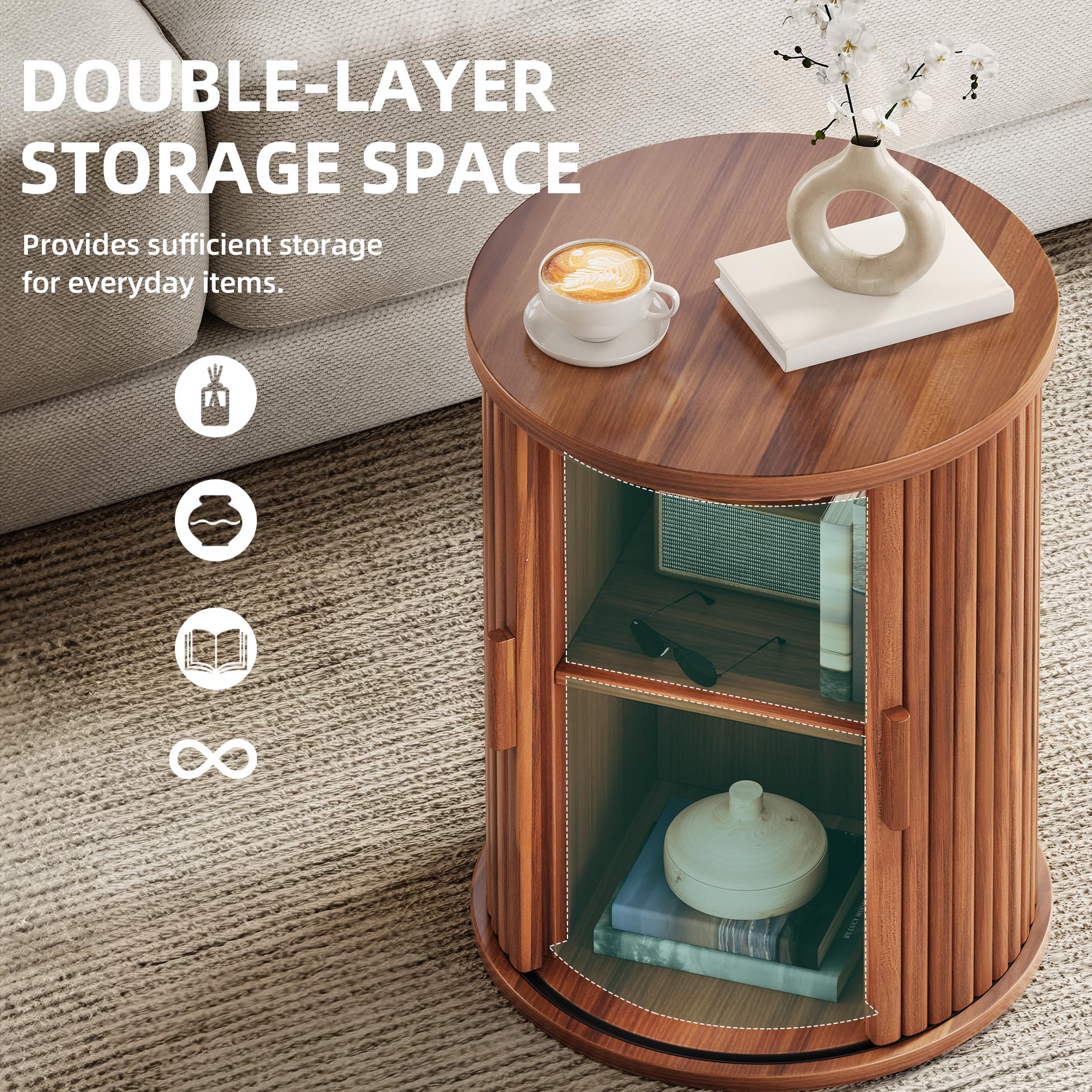 YITAHOME Runder Tisch mit Schiebetürenschrank, Kleiner Couchtisch, Walnut | Beistelltisch mit 2-stöckigem Aufbewahrungsregal für Schlafzimmer, Esszimmer, Wohnzimmer, Office, oder Wohnung, Nachttisch