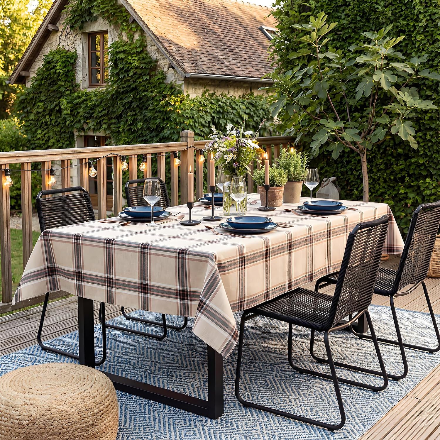 52'' X 70'' Checkered Tablecloth Disposable Vinyl Tablecloths with Flannel Backing Wipeable Spillproof Plastic Table Cover PVC Waterproof Table Cloth for Indoor Outdoor