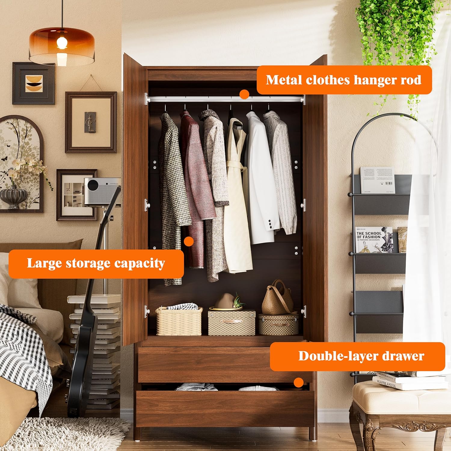 Armoire Wardrobe Closet, 70.9" Tall Wardrobe Cabinet with 2 Doors, 2 Large Drawers and Hanging Rod, Wooden Clothing Storage Cabinet for Bedroom, Cloak Room, Walnut