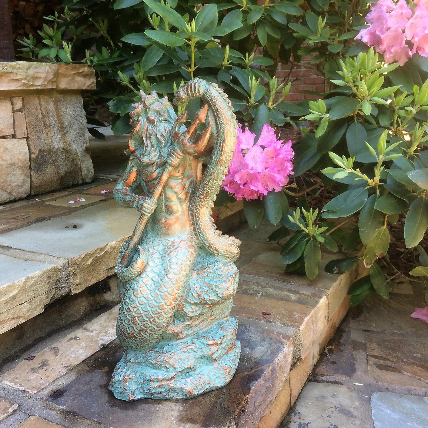 16 in. Poseidon Ruler of The Sea Mermaids on Nautical Rock Bronze Patina Finish Beach and Pool Statue