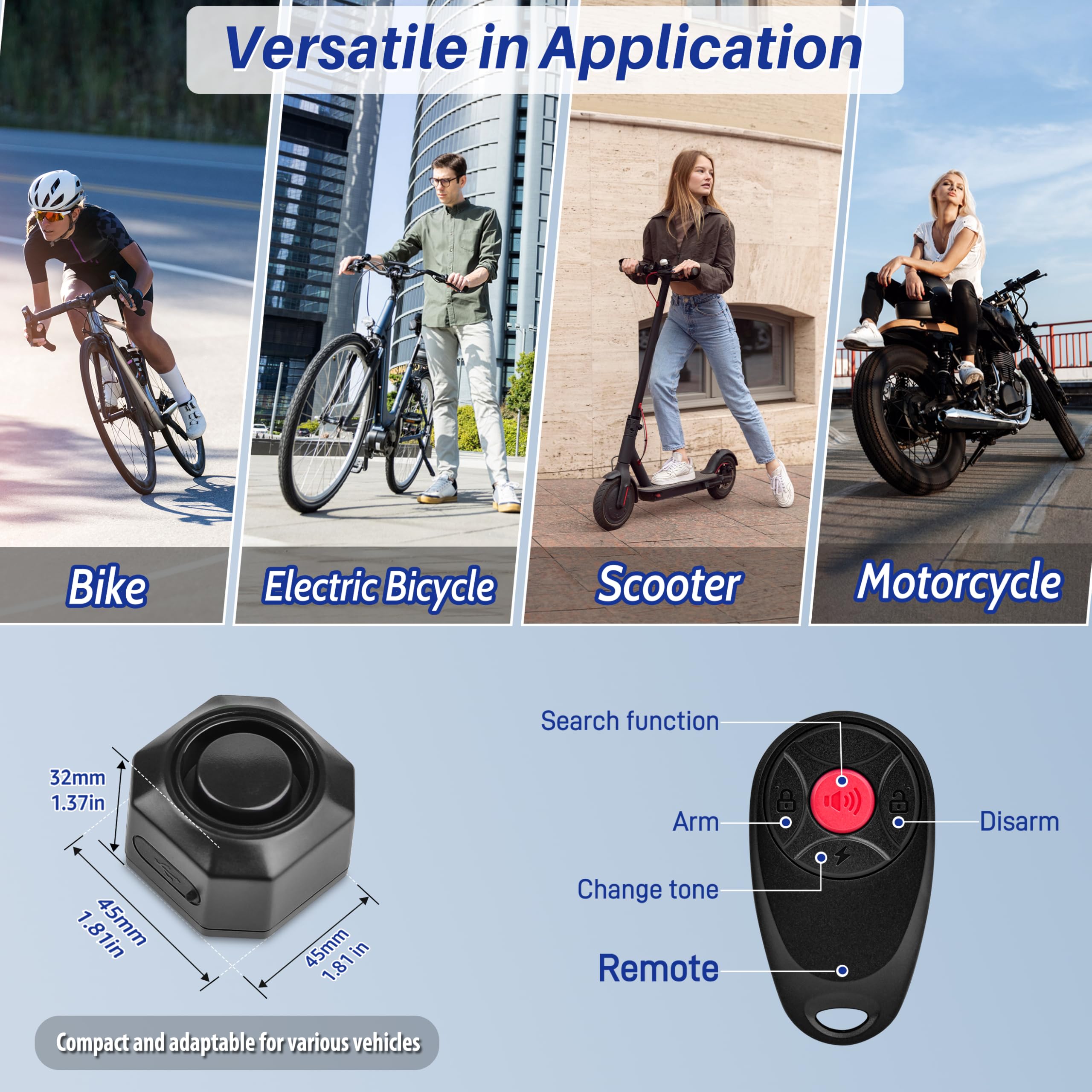 Cruxer 2-Pack Fahrradalarm mit 2 Fernbedienung, USB wiederaufladbar, kabellos, Anti-Diebstahl-Vibrationsalarm, 110 dB Lautstärke und Empfindlichkeit, Einstellbarer Sensor, Einbruchsystem für Motorrad
