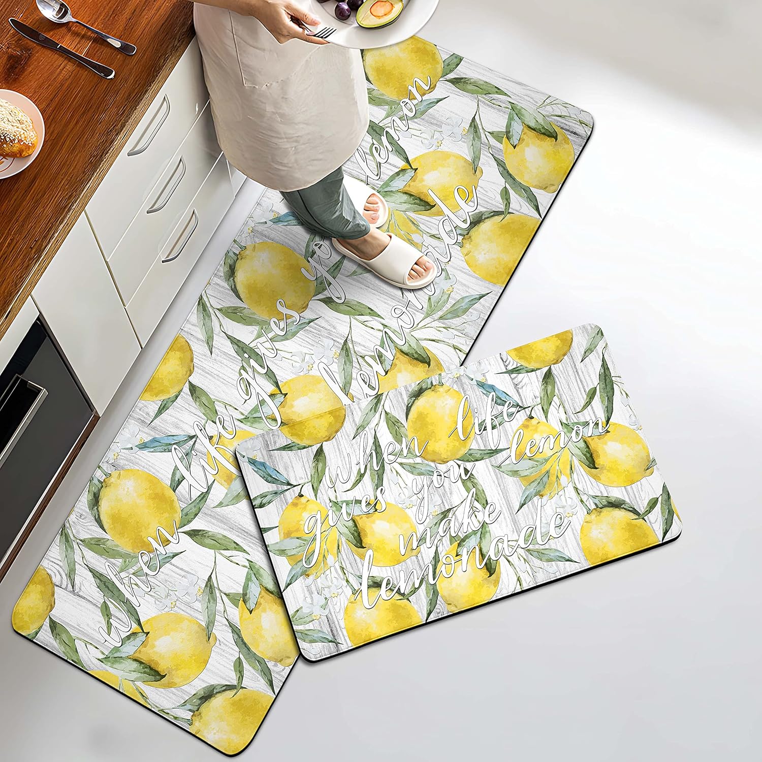Lemon Kitchen Mat Set of 2 Watercolor Lemons Leaves Kitchen