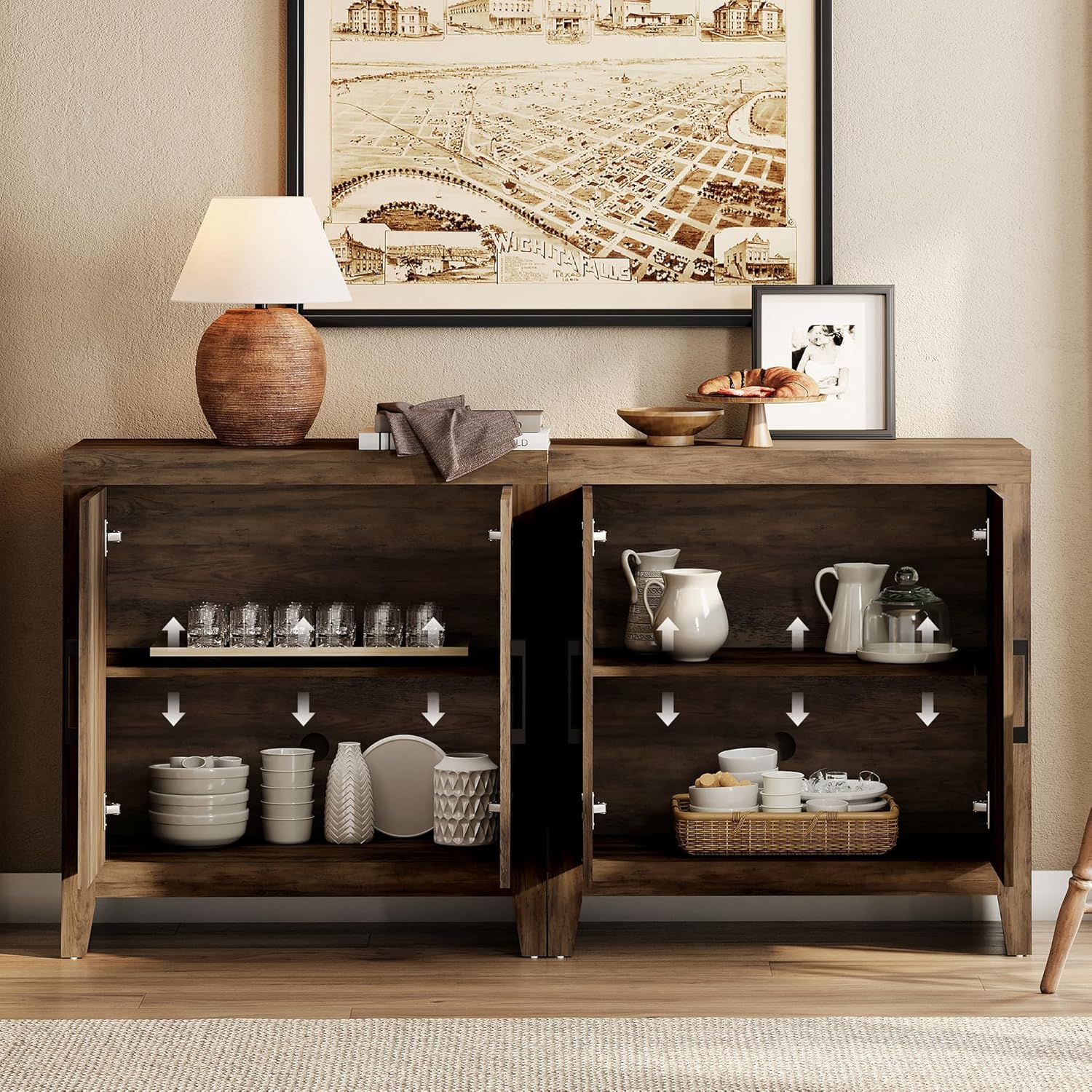 WAMPAT Entertainment Center with Bookshelves, 4-Piece Modular TV Stand with Storage Towers, Farmhouse Media Console with Concealed Storage for Living Room, Bedroom, Brown