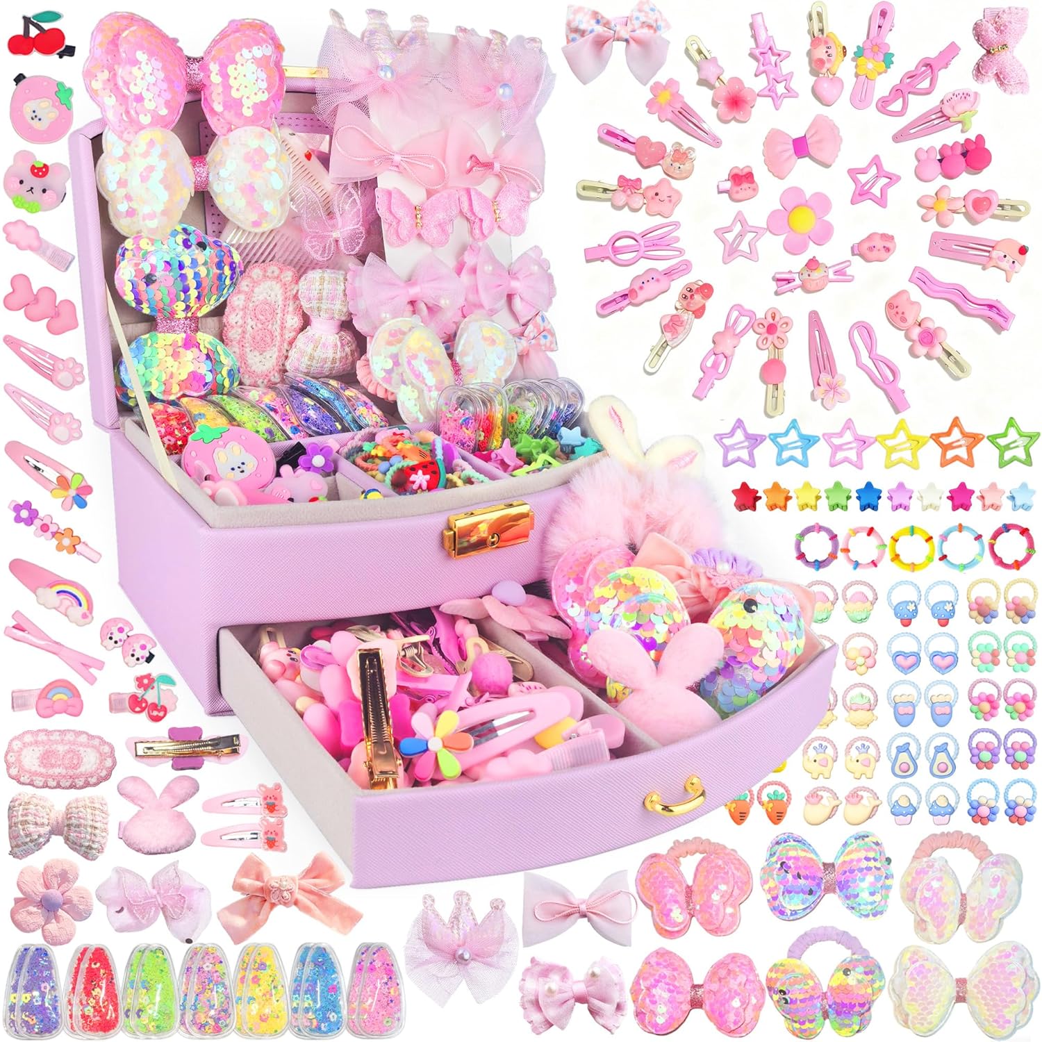 Hair Accessories for Girls with Jewlry Box,Back to School Birthday Gift Hair Styling Set Including Storage Box,Hair Clips,Hair Barrettes,Hair Ties,Hair Bows for Little One Teen Age 3-12