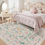 Pink Floral Area Rug pour la chambre de bébé, 6x9 Lavable rond Coin Rugs pour Chambre Filles Salle de jeu ou Chambre d'enfants,Boho Soft Non-Slip Tapis pour salle de classe Dorm Girl Room Decor